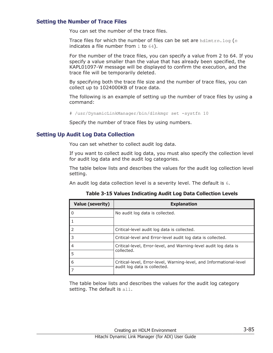 Setting the number of trace files -85, Setting up audit log data collection -85 | HP XP Racks User Manual | Page 151 / 504