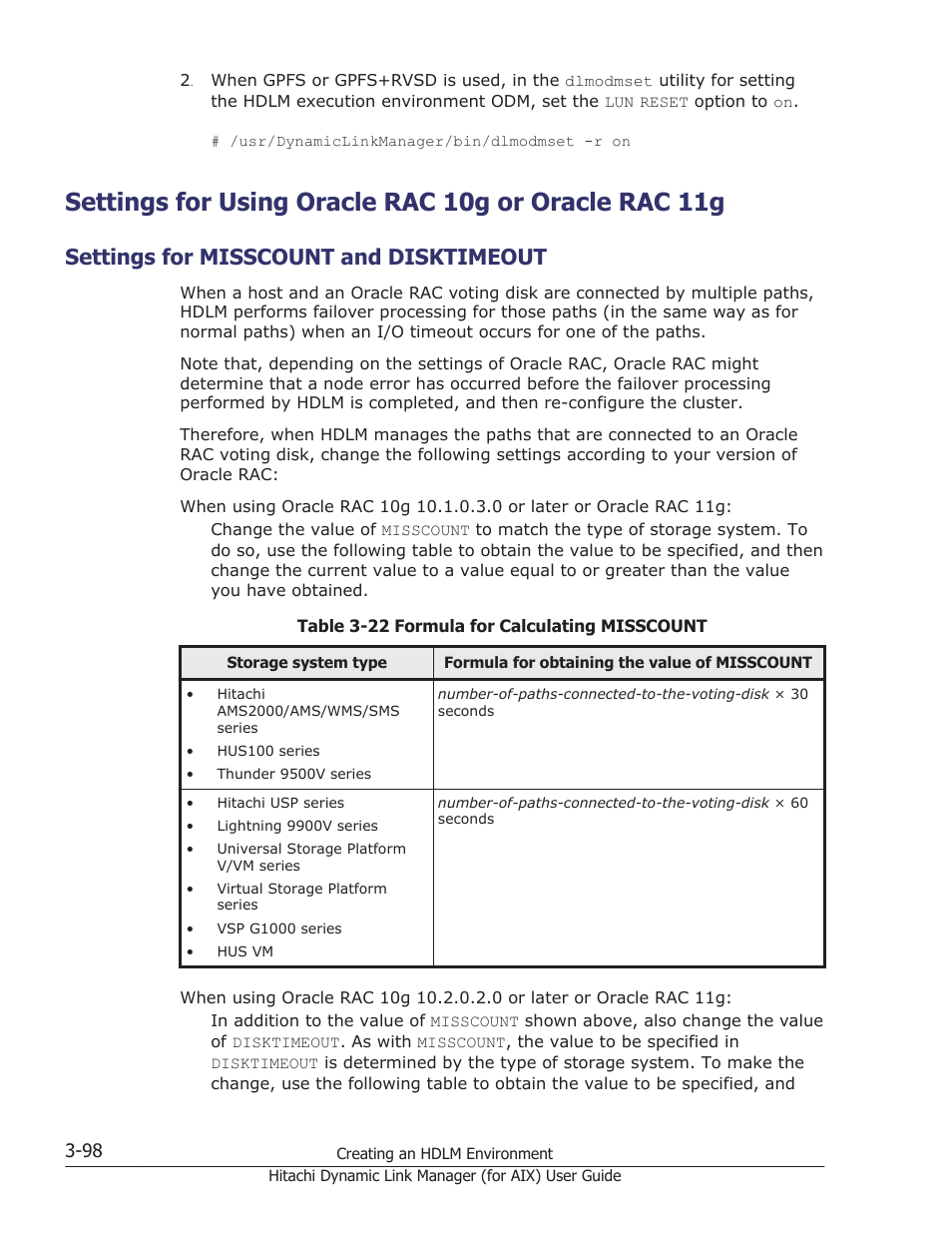 Settings for misscount and disktimeout, Settings for misscount and disktimeout -98, For oracle rac 10g or oracle rac 11g | Settings for using oracle rac 10g | HP XP Racks User Manual | Page 164 / 504