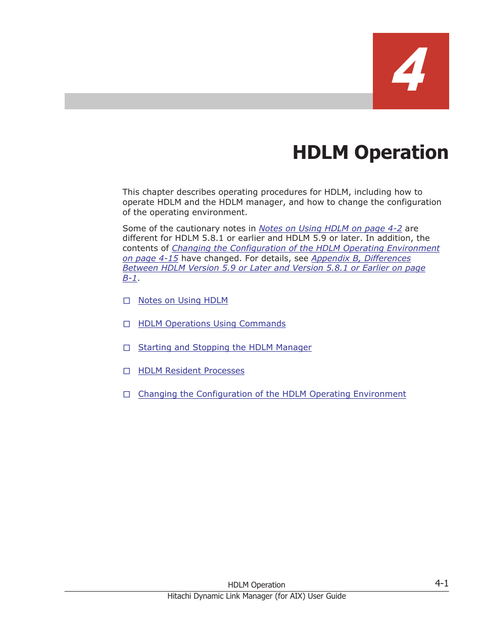 Hdlm operation, 4 hdlm operation -1, Chapter 4, hdlm operation on | HP XP Racks User Manual | Page 177 / 504