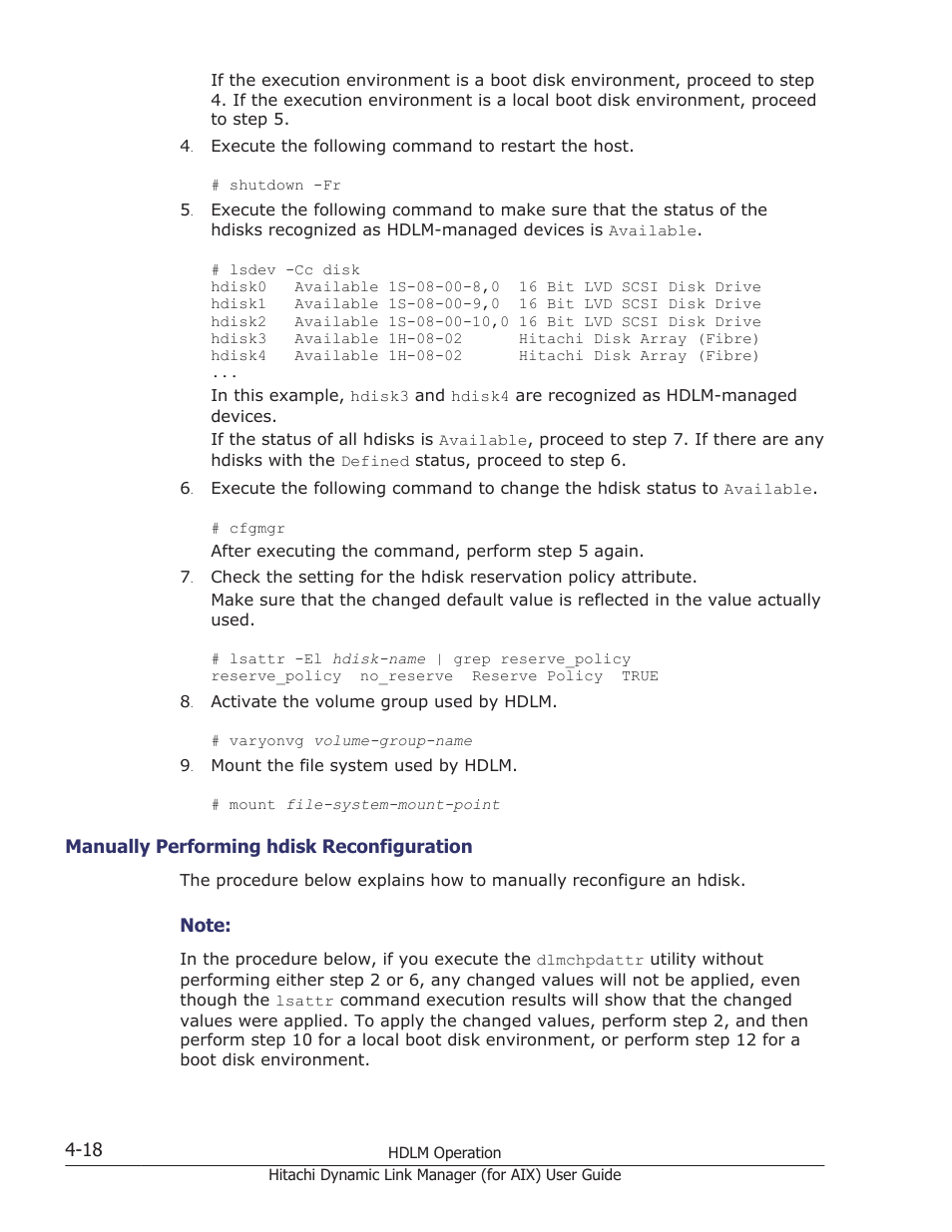 Manually performing hdisk reconfiguration -18, Manually performing hdisk reconfiguration | HP XP Racks User Manual | Page 194 / 504