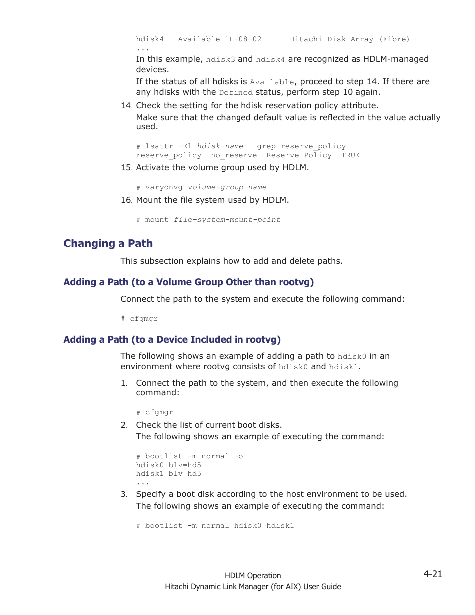 Changing a path, Changing a path -21, Adding a path (to a device included in rootvg) -21 | HP XP Racks User Manual | Page 197 / 504