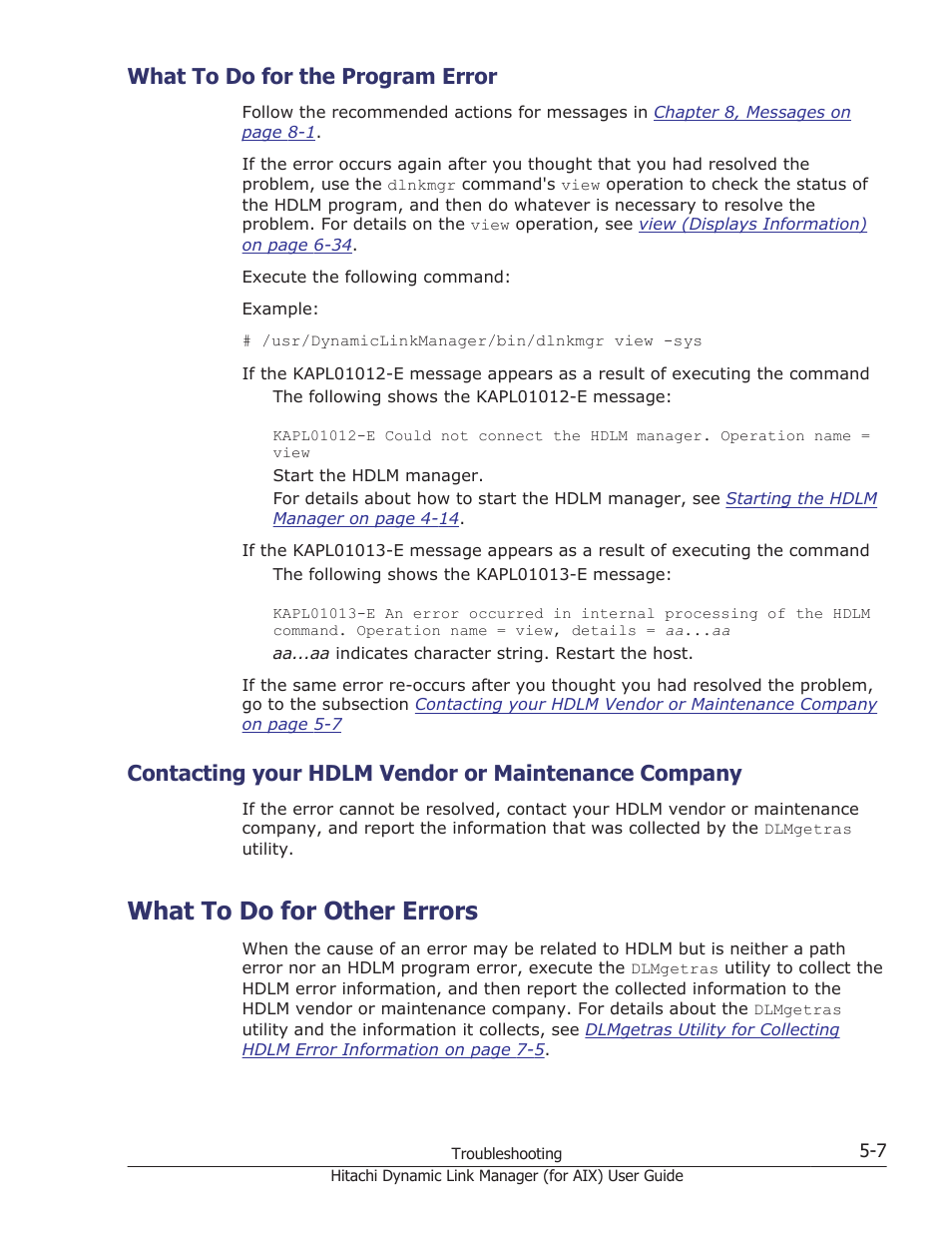 What to do for the program error, Contacting your hdlm vendor or maintenance company, What to do for other errors | What to do for the program error -7, What to do for other errors -7 | HP XP Racks User Manual | Page 215 / 504