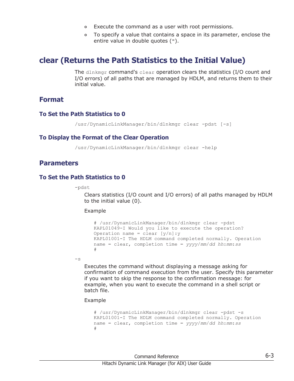 Format, Parameters, Format -3 | To set the path statistics to 0 -3, To display the format of the clear operation -3, Parameters -3, Managed by the hdlm system. for details, see, Clear (returns the path | HP XP Racks User Manual | Page 219 / 504