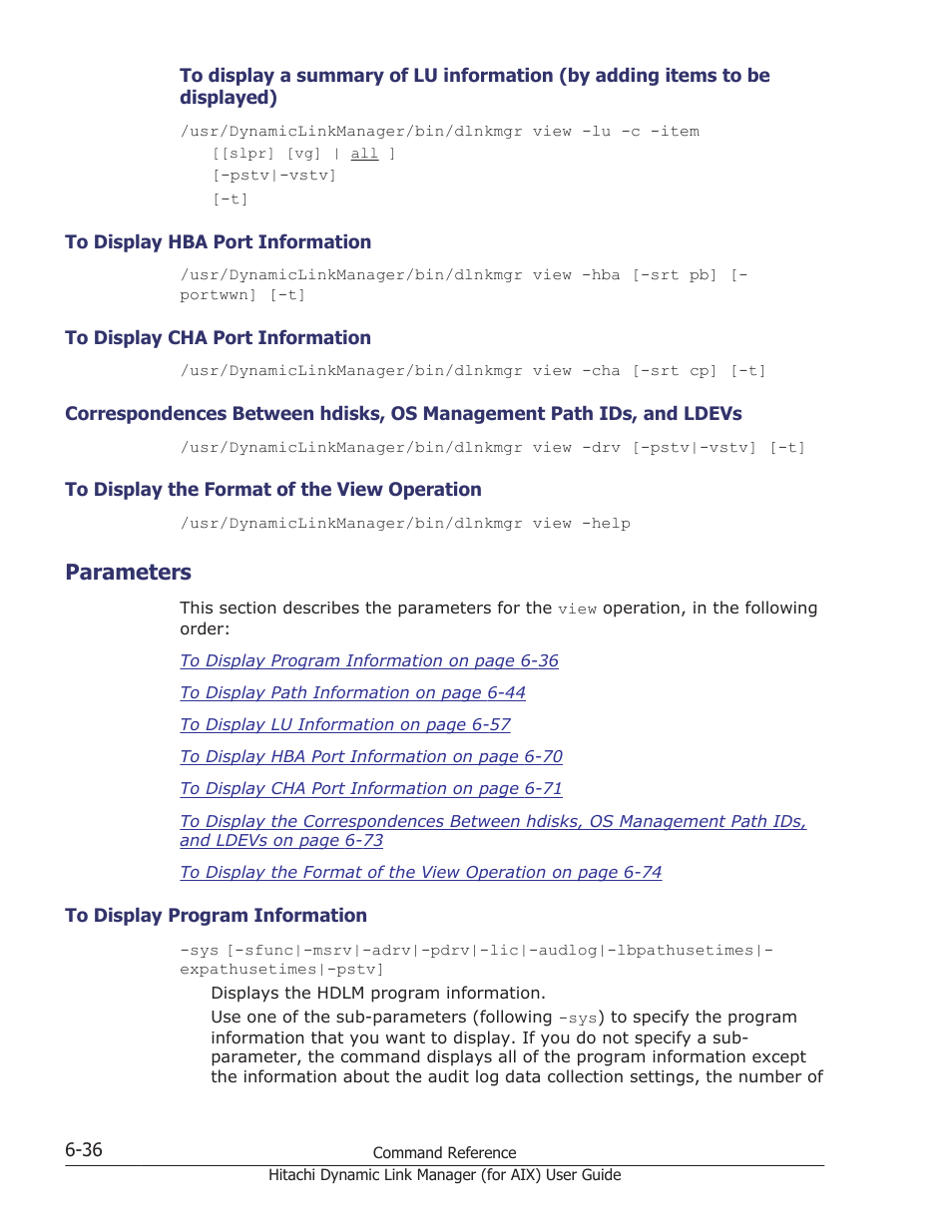 Parameters, To display hba port information -36, To display cha port information -36 | To display the format of the view operation -36, Parameters -36, To display program information -36 | HP XP Racks User Manual | Page 252 / 504