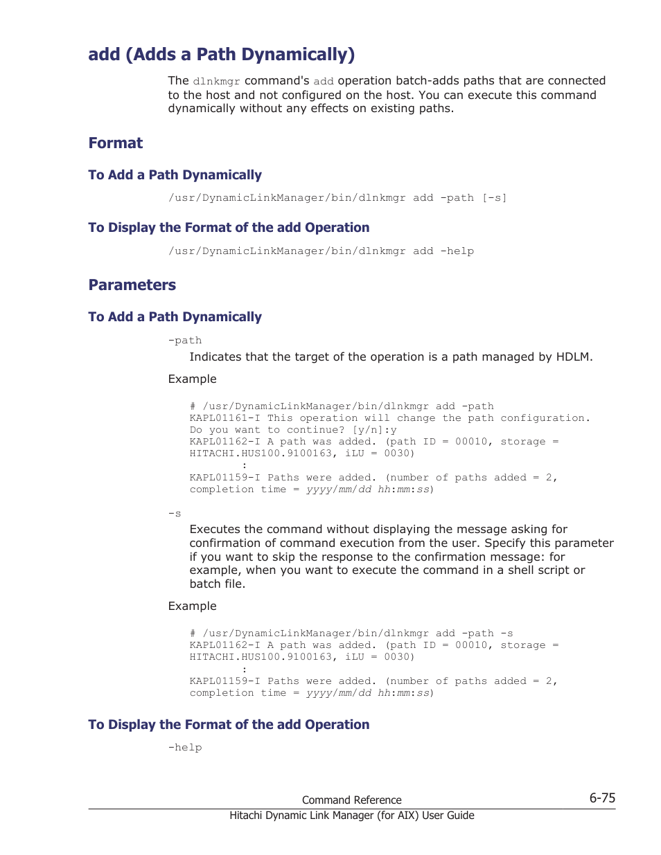 Add (adds a path dynamically), Format, Parameters | Add (adds a path dynamically) -75, Format -75, To add a path dynamically -75, To display the format of the add operation -75, Parameters -75 | HP XP Racks User Manual | Page 291 / 504
