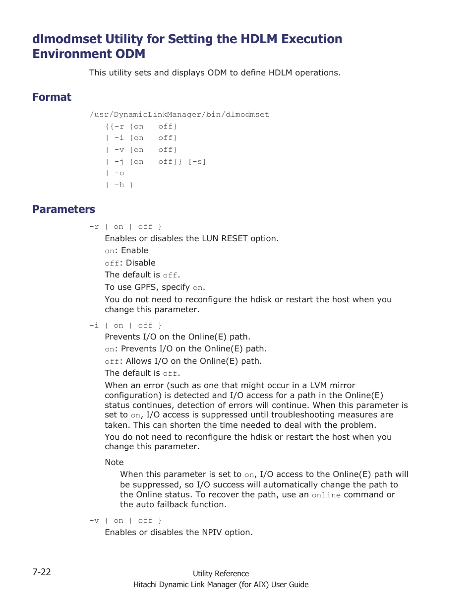 Format, Parameters, Format -22 | Parameters -22, Utility, see, Dlmodmset utility for setting the hdlm | HP XP Racks User Manual | Page 316 / 504