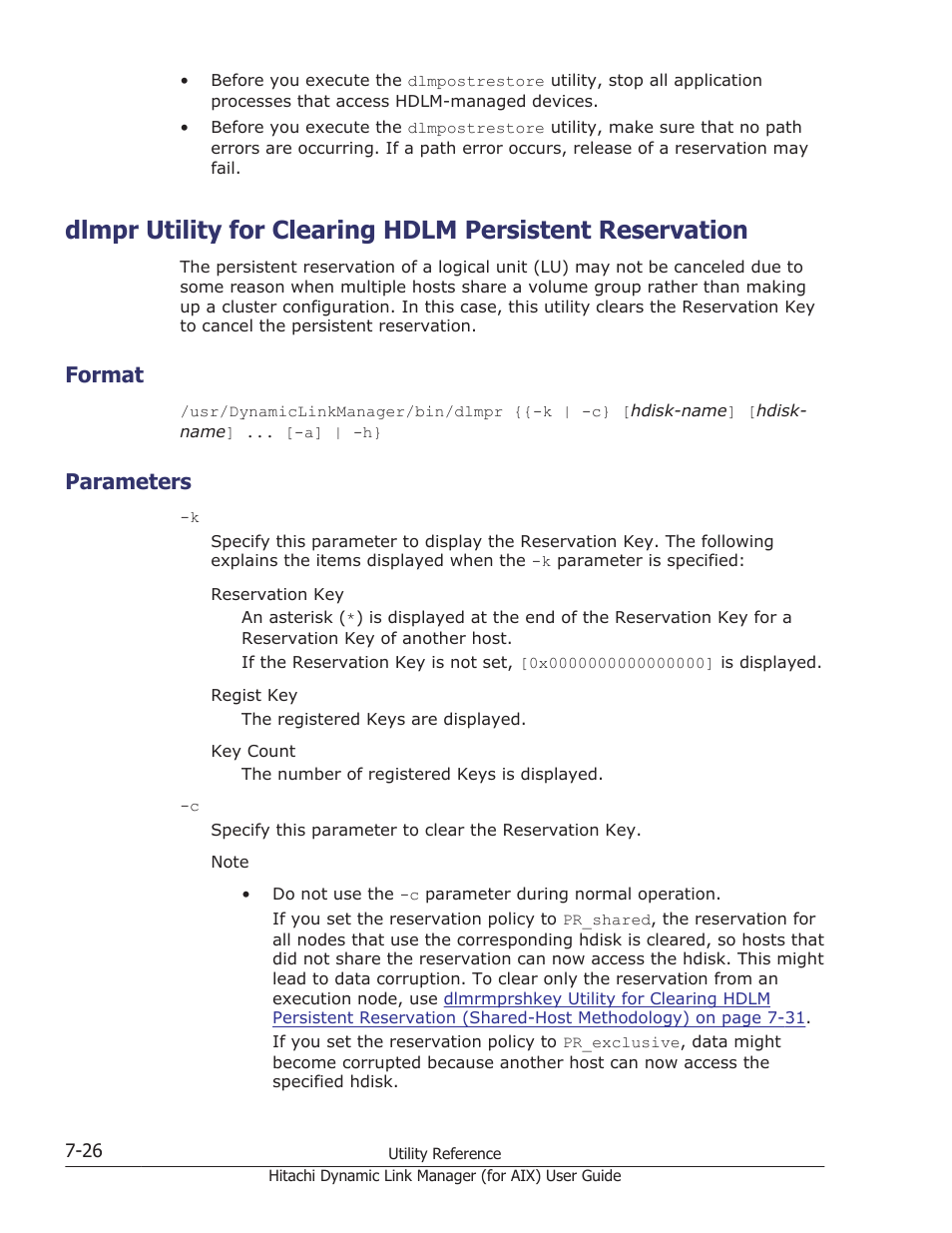 Format, Parameters, Format -26 | Parameters -26, Dlmpr utility for, Dlmpr utility for clearing hdlm persistent | HP XP Racks User Manual | Page 320 / 504