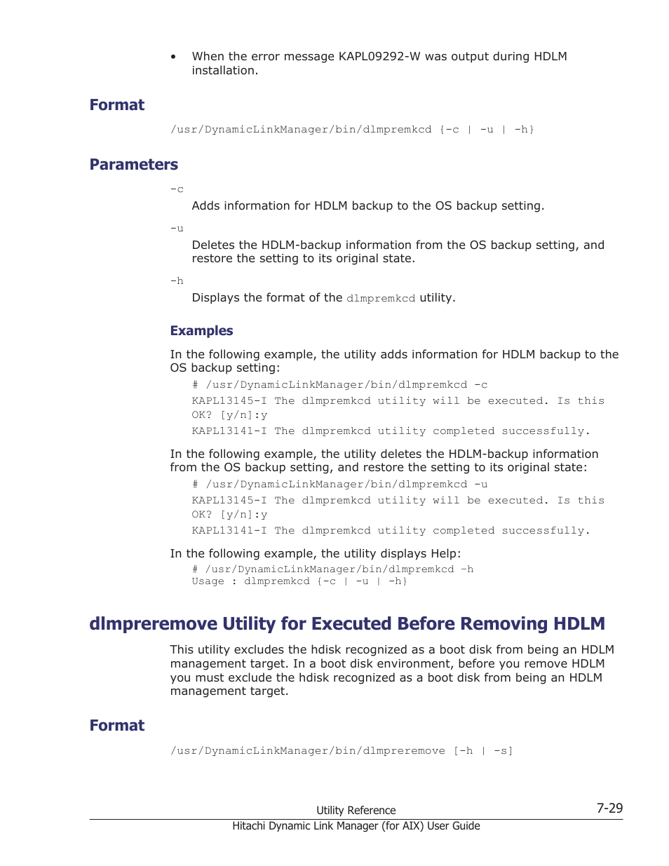 Format, Parameters, Format -29 | Parameters -29, Utility, see, Dlmpreremove utility for | HP XP Racks User Manual | Page 323 / 504