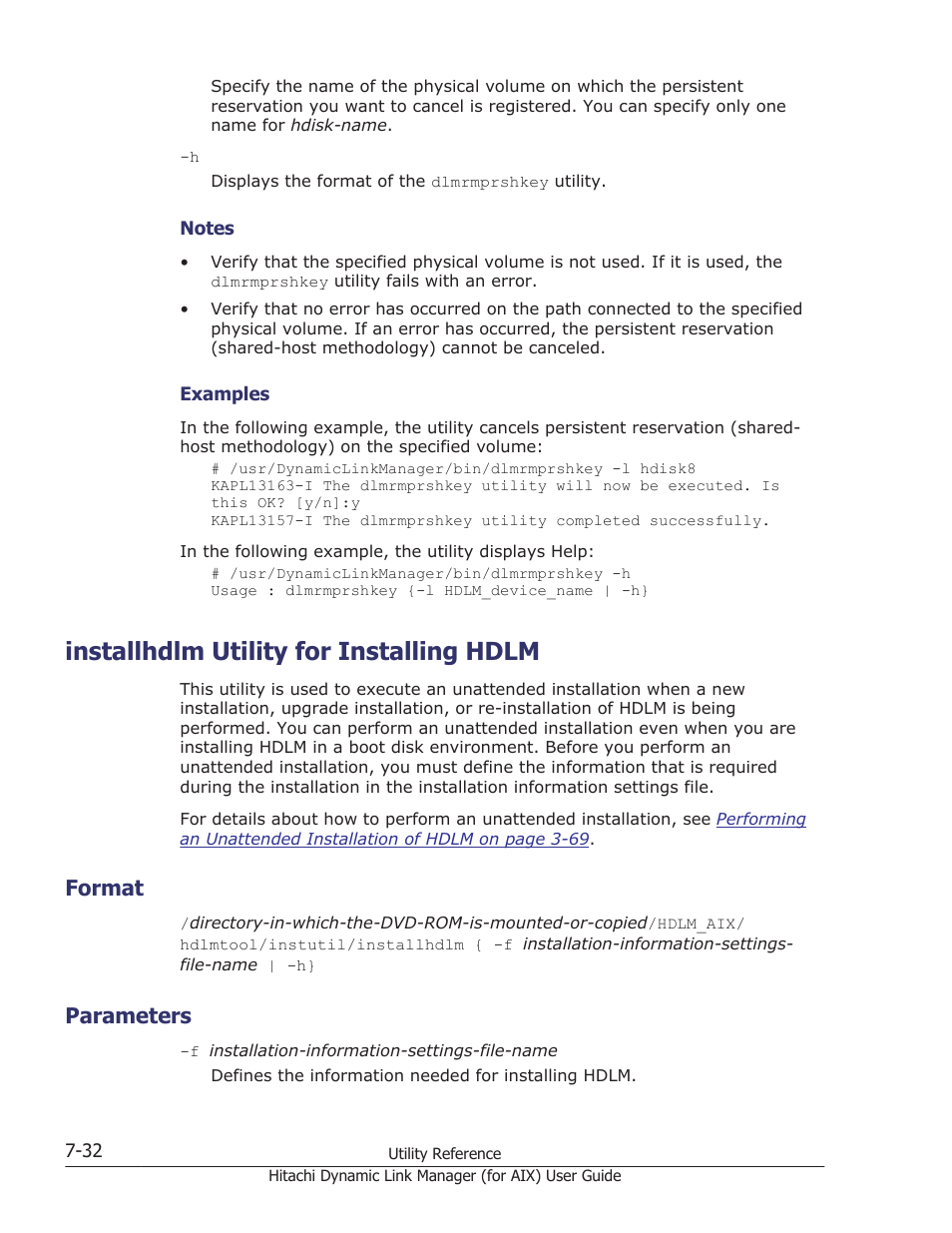 Installhdlm utility for installing hdlm, Format, Parameters | Installhdlm utility for installing hdlm -32, Format -32, Parameters -32, For details about | HP XP Racks User Manual | Page 326 / 504