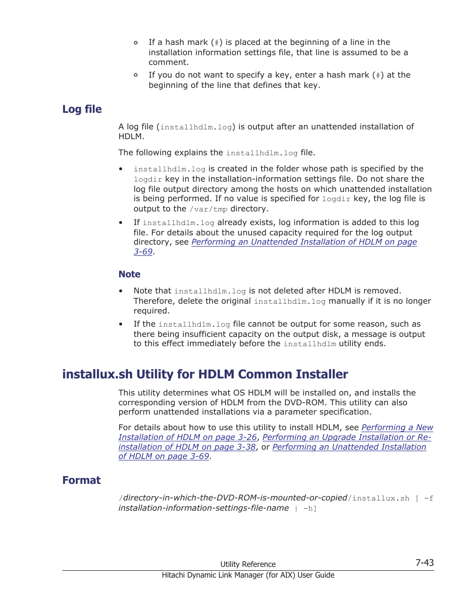 Log file, Installux.sh utility for hdlm common installer, Format | Log file -43, Installux.sh utility for hdlm common installer -43, Format -43, Details about the log file, see | HP XP Racks User Manual | Page 337 / 504