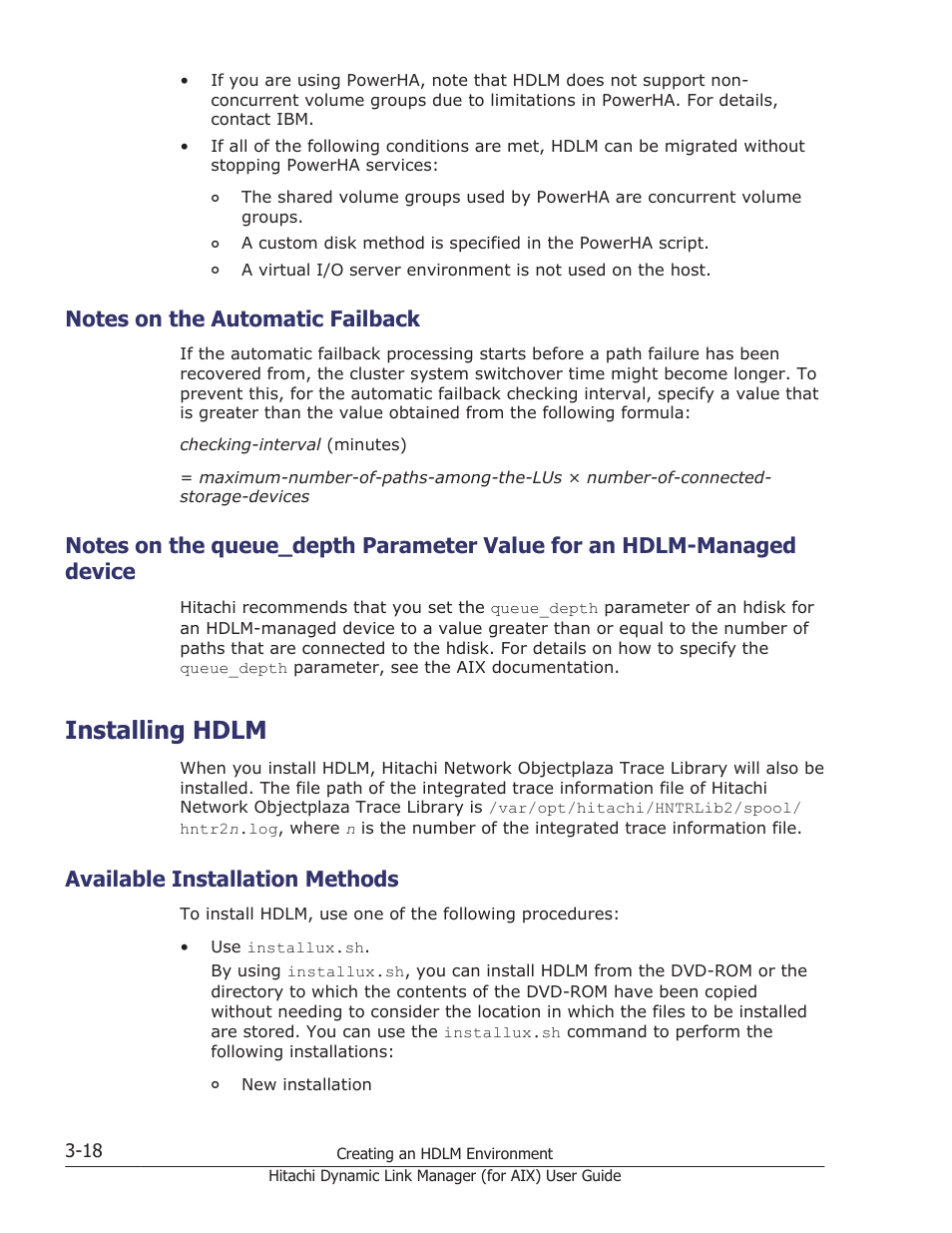 Notes on the automatic failback, Installing hdlm, Available installation methods | Notes on the automatic failback -18, Installing hdlm -18, Available installation methods -18 | HP XP Racks User Manual | Page 84 / 504