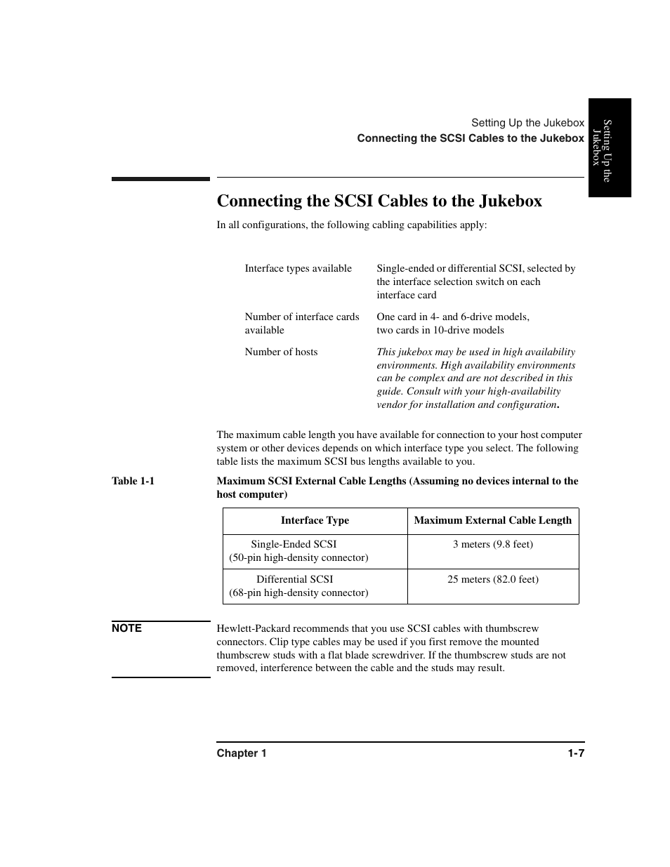 Scsi cables:connecting, Connecting scsi cables, Table | Table body, Table row, Interface types available, Number of interface cards available, Number of hosts, Scsi cables:maximum length, Maximum cable length | HP Optical Jukeboxes User Manual | Page 19 / 120