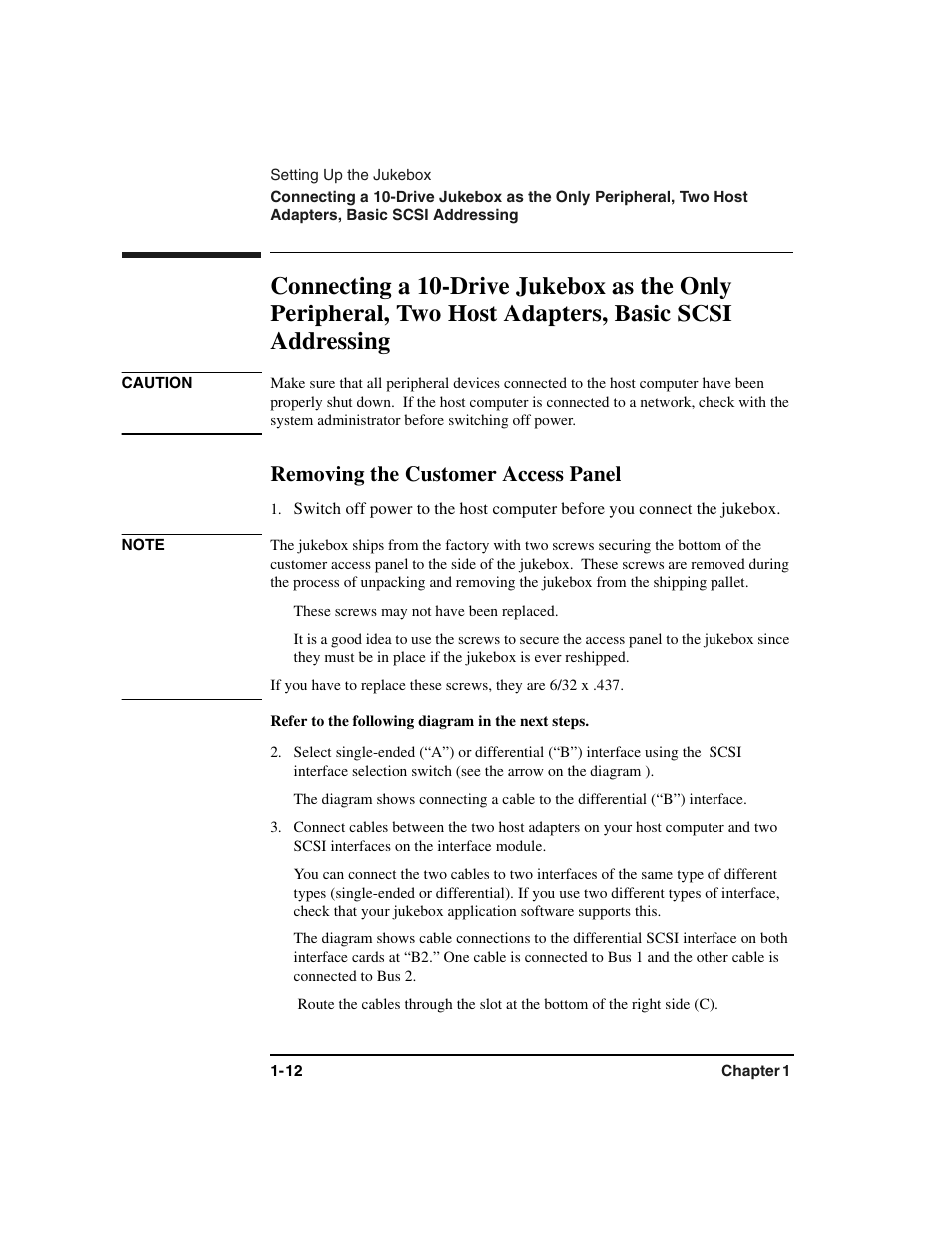 Connecting:10-drive jukebox, two host adapters, Removing the customer access panel, These screws may not have been replaced | Refer to the following diagram in the next steps, Two host adapters, basic scsi addressing -12, Removing the customer access panel -12 | HP Optical Jukeboxes User Manual | Page 24 / 120
