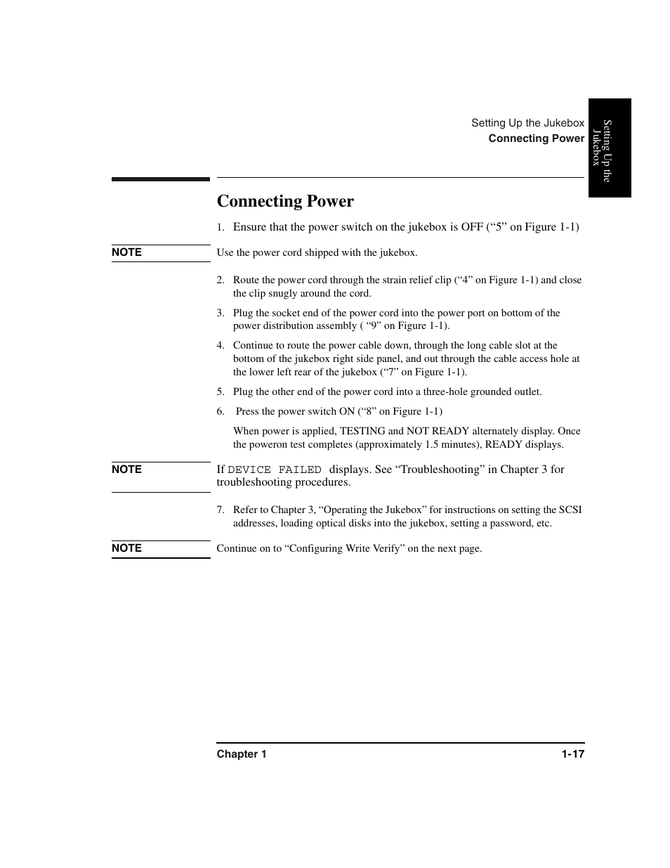 Connecting:power, Note use the power cord shipped with the jukebox, Press the power switch on (“8” on figure 1-1) | Connecting power -17, Connecting power | HP Optical Jukeboxes User Manual | Page 29 / 120