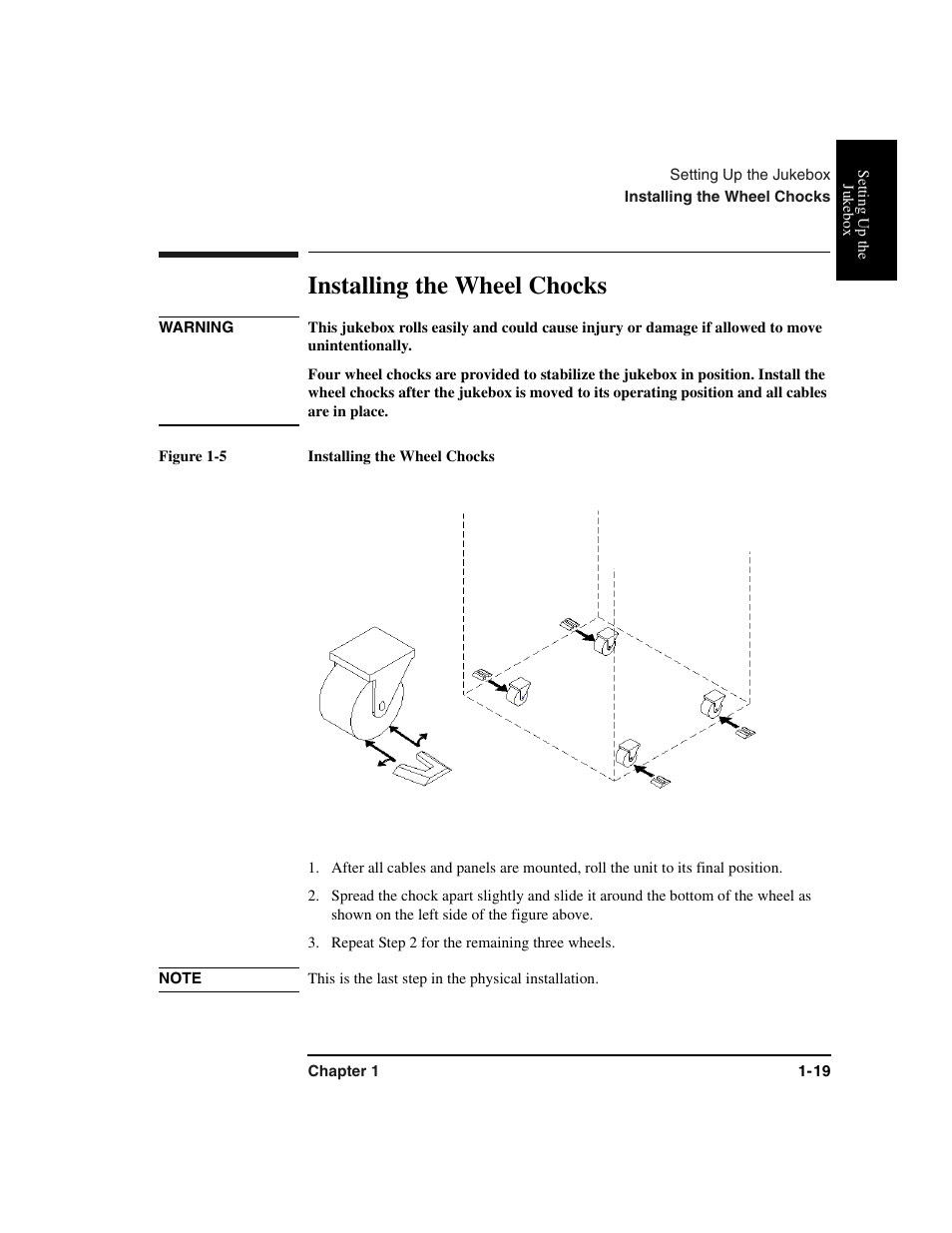 Wheel chocks, Installing the wheel chocks, Chocks | Figure 1-5 installing the wheel chocks, Repeat step 2 for the remaining three wheels, Installing the wheel chocks -19, Figure 1-5 . installing the wheel chocks -19 | HP Optical Jukeboxes User Manual | Page 31 / 120