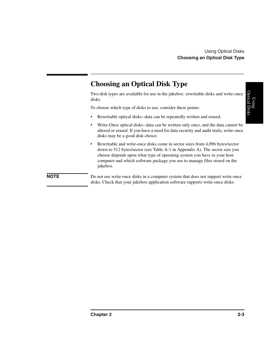 Disks:choosing, Choosing an optical disk type -3, Choosing an optical disk type | HP Optical Jukeboxes User Manual | Page 37 / 120