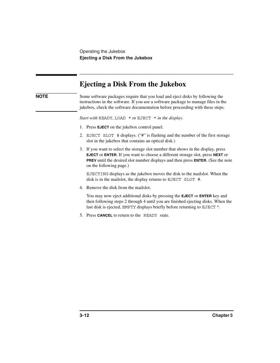 Start with, Press, Eject slot | Ejecting, Remove the disk from the mailslot, You may now eject additional disks by pressing the, Ejecting a disk from the jukebox -12, Ejecting a disk from the jukebox | HP Optical Jukeboxes User Manual | Page 52 / 120