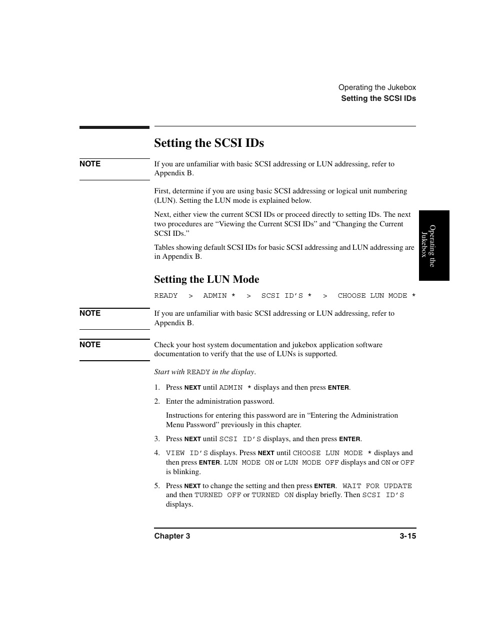 Setting the scsi ids, Scsi ids:setting, Setting the lun mode | Lun mode:setting, Ready, Start with, Press, Enter the administration password, Setting the scsi ids -15, Setting the lun mode -15 | HP Optical Jukeboxes User Manual | Page 55 / 120