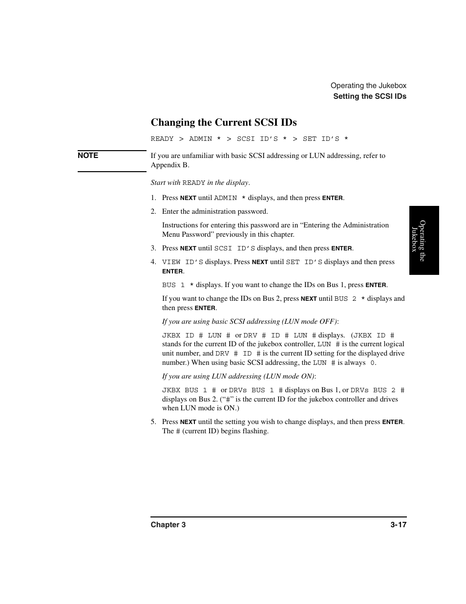 Changing the scsi ids, Scsi ids:changing, Ready | Start with, Press, Enter the administration password, View id’s, Bus 1, If you want to change the ids on bus 2, press, Jkbx id # lun | HP Optical Jukeboxes User Manual | Page 57 / 120