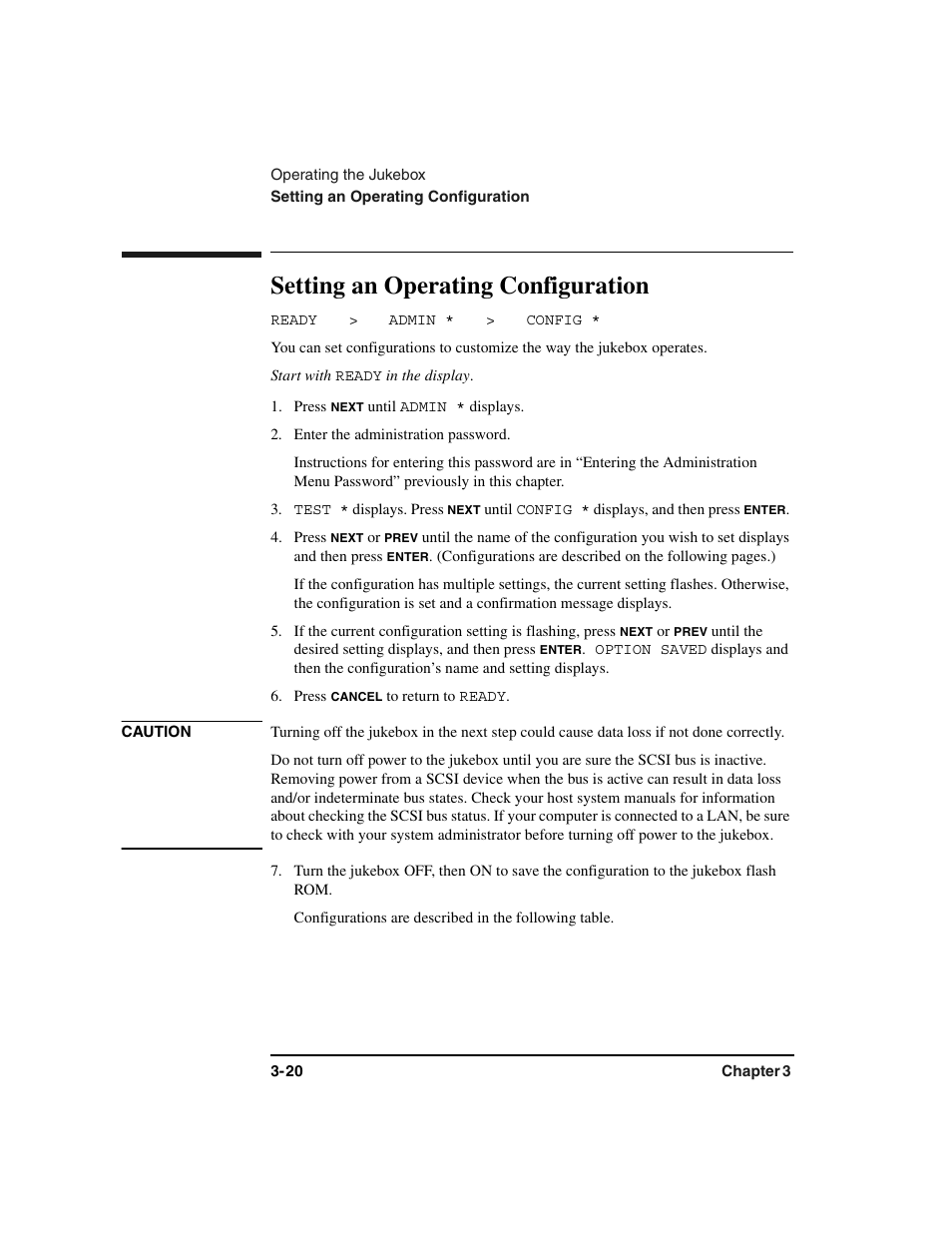 Configuration:setting, Ready, Start with | Press, Enter the administration password, Test, Setting an operating configuration -20, Setting an operating configuration | HP Optical Jukeboxes User Manual | Page 60 / 120