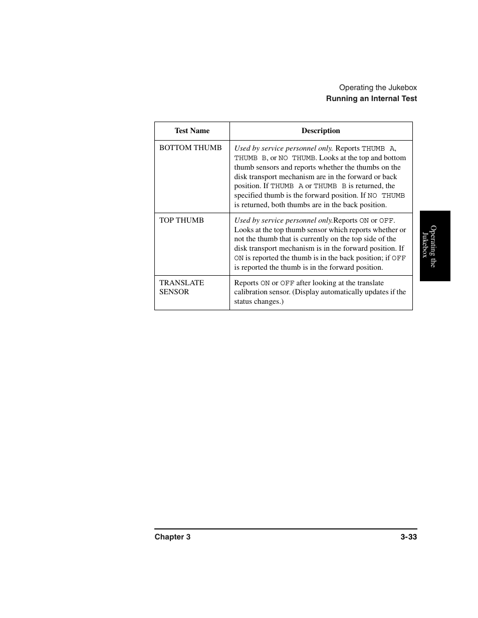 Table row, Bottom thumb, Used by service personnel only | Top thumb, Translate sensor | HP Optical Jukeboxes User Manual | Page 73 / 120