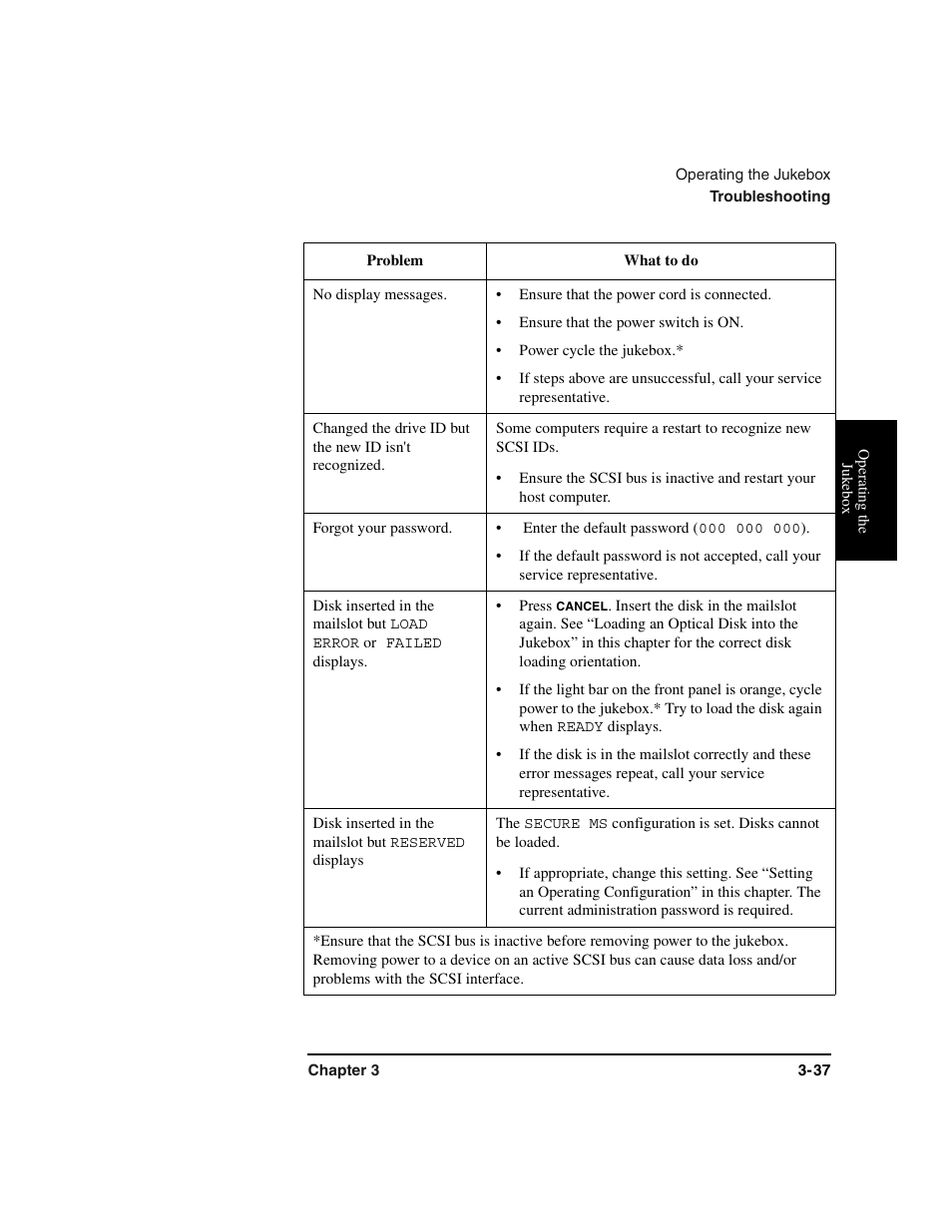 Table row, No display messages, Ensure that the power cord is connected | Ensure that the power switch is on, Power cycle the jukebox, Forgot your password, Enter the default password (000 000 000), Enter the default password, Press | HP Optical Jukeboxes User Manual | Page 77 / 120