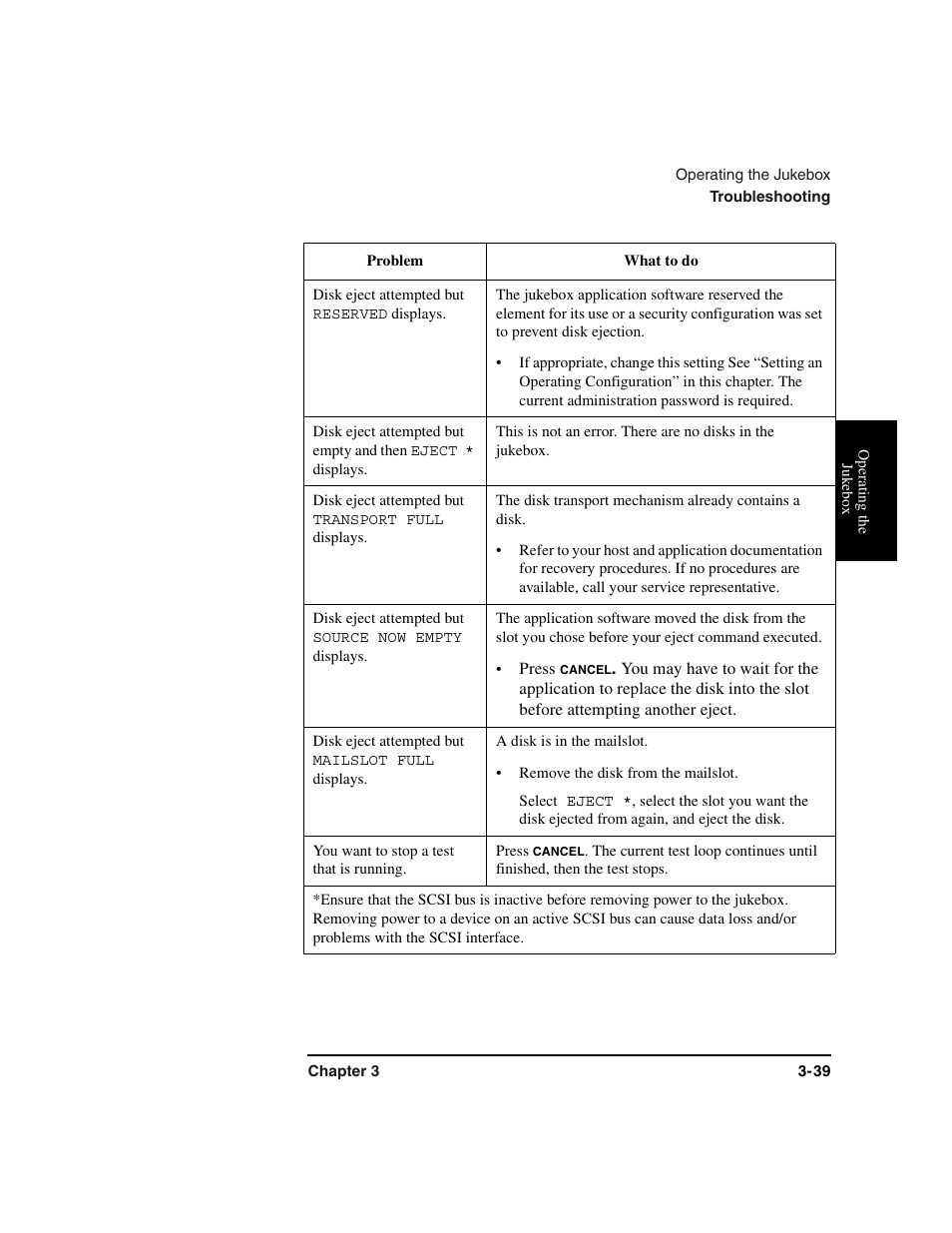Table row, Disk eject attempted but reserved displays, Disk eject attempted but transport full displays | Disk eject attempted but source now empty displays, Press, Disk eject attempted but mailslot full displays, A disk is in the mailslot, Remove the disk from the mailslot, Select, You want to stop a test that is running | HP Optical Jukeboxes User Manual | Page 79 / 120