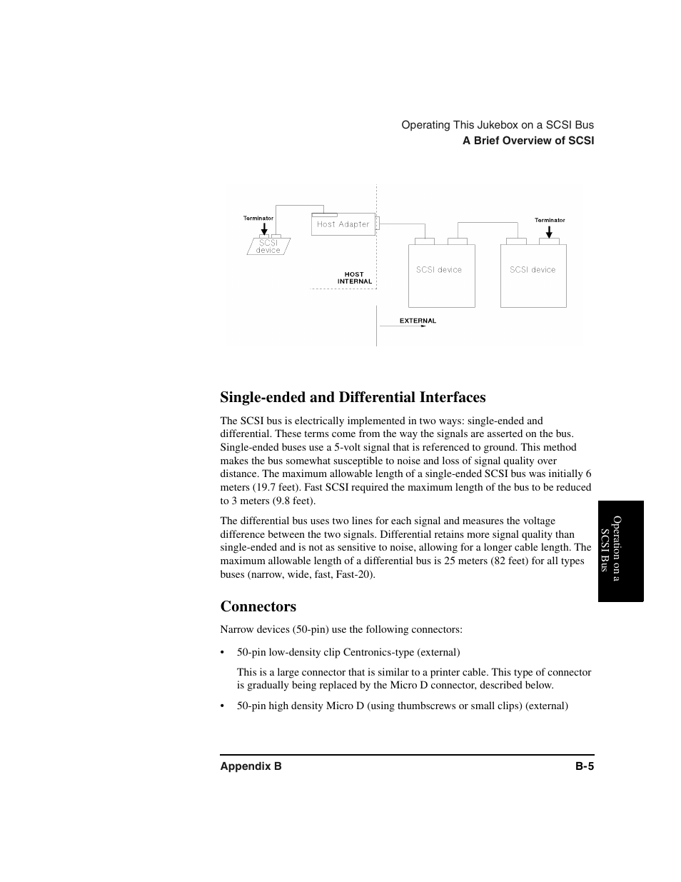 Graphic, Scsi bus:differential, Scsi bus:single-ended | Scsi bus:connectors, Pin low-density clip centronics-type (external), Single-ended and differential interfaces, Connectors | HP Optical Jukeboxes User Manual | Page 93 / 120