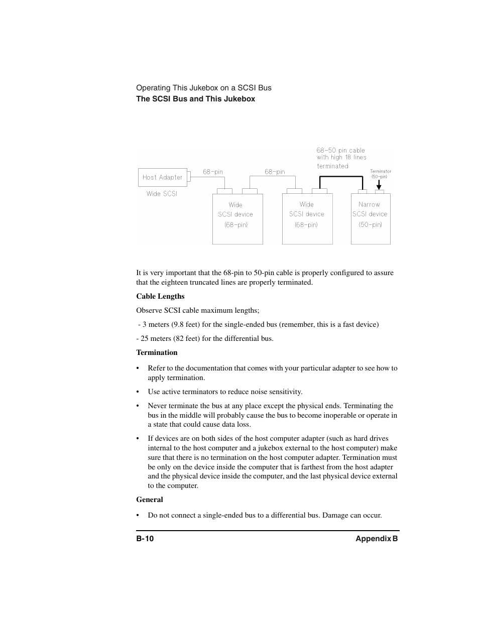 Graphic, Cable lengths, Observe scsi cable maximum lengths | Termination, Use active terminators to reduce noise sensitivity, General | HP Optical Jukeboxes User Manual | Page 98 / 120