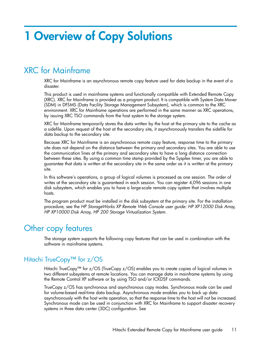 1 overview of copy solutions, Xrc for mainframe, Other copy features | Hitachi truecopy for z/os, 11 other copy features | HP StorageWorks XP Remote Web Console Software User Manual | Page 11 / 48
