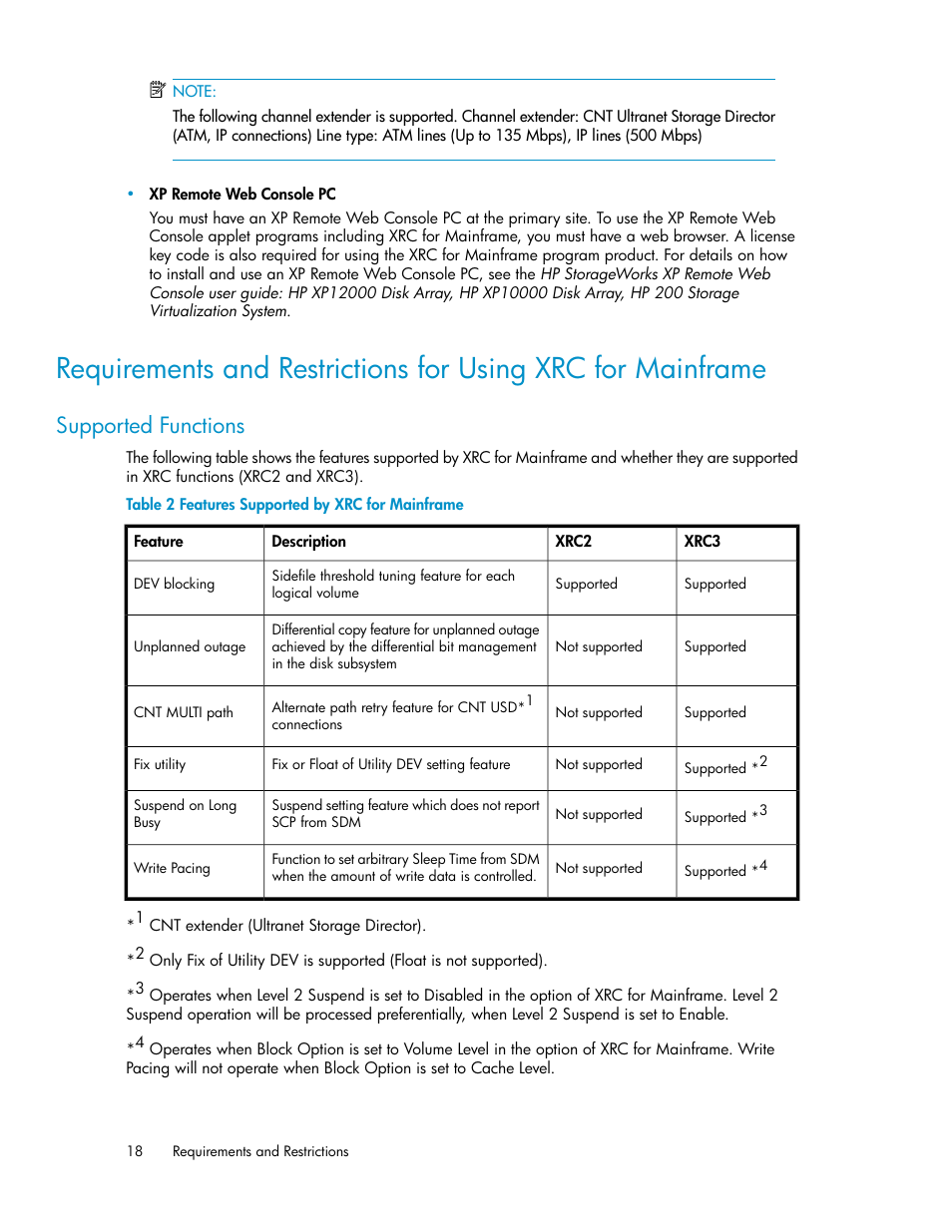 Supported functions, Features supported by xrc for mainframe | HP StorageWorks XP Remote Web Console Software User Manual | Page 18 / 48