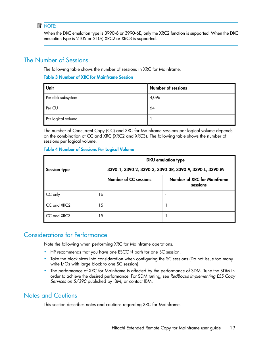 The number of sessions, Considerations for performance, Notes and cautions | 19 considerations for performance, 19 notes and cautions, Number of xrc for mainframe session, Number of sessions per logical volume | HP StorageWorks XP Remote Web Console Software User Manual | Page 19 / 48