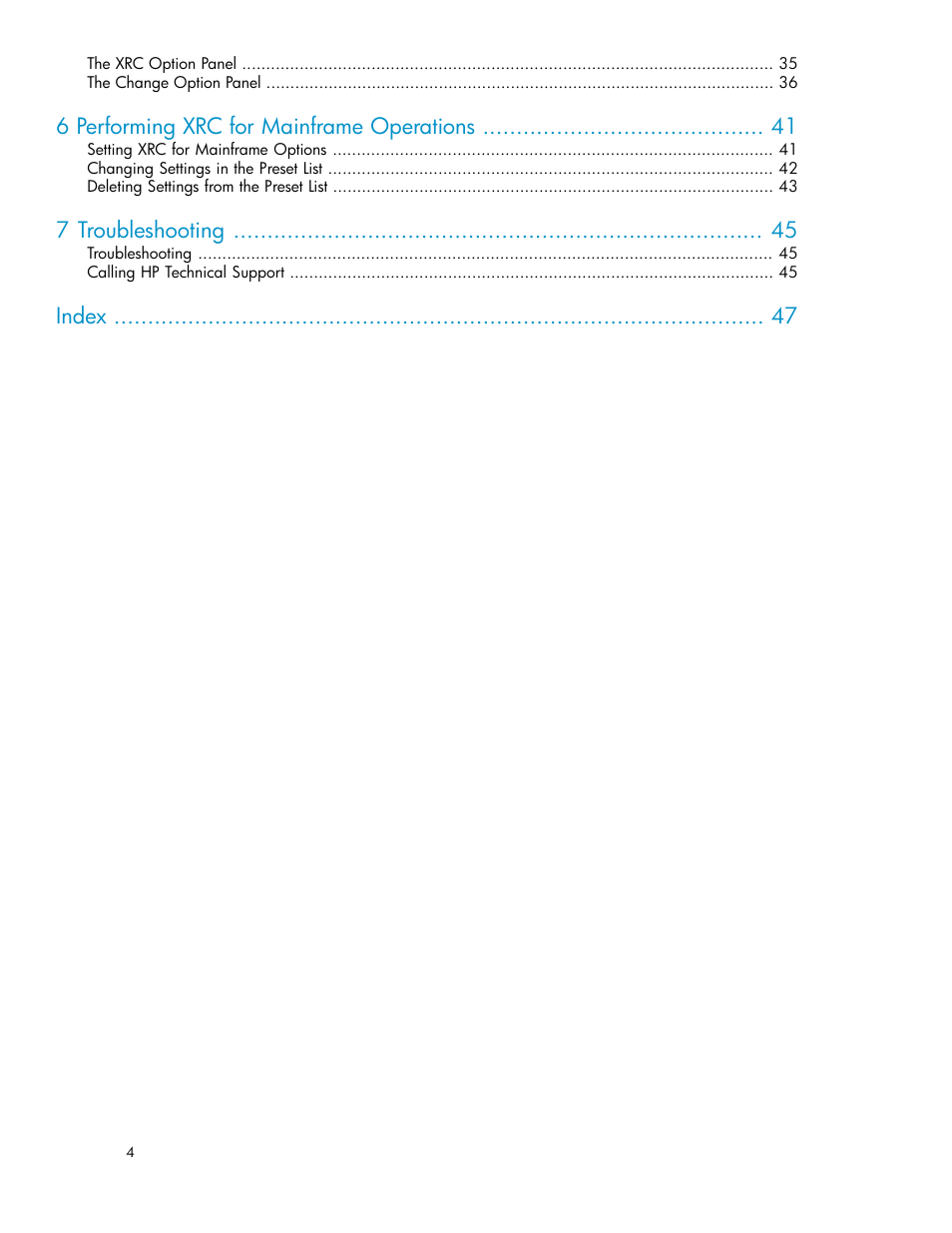 6 performing xrc for mainframe operations, 7 troubleshooting, Index | HP StorageWorks XP Remote Web Console Software User Manual | Page 4 / 48