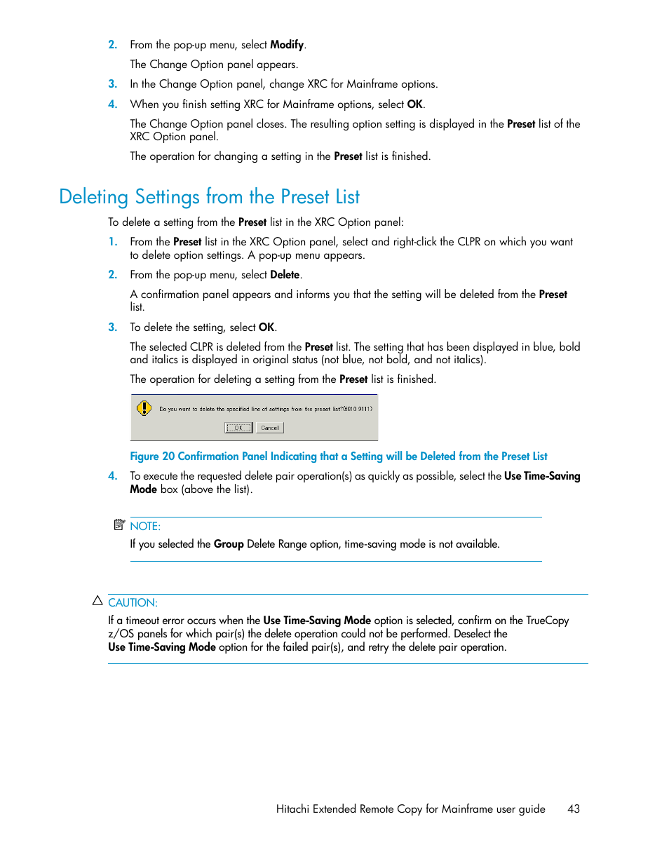 Deleting settings from the preset list | HP StorageWorks XP Remote Web Console Software User Manual | Page 43 / 48