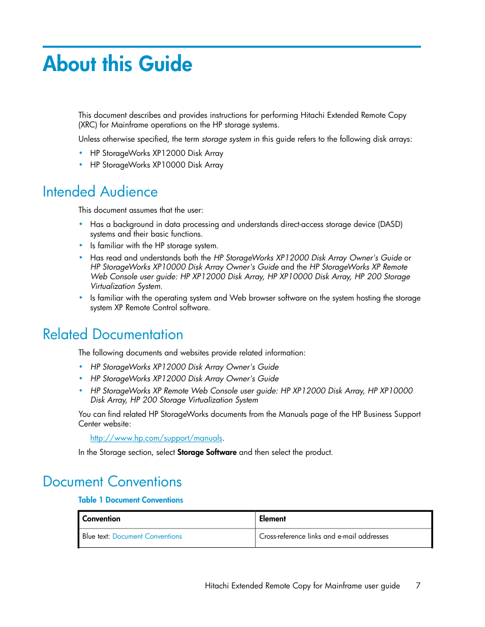 About this guide, Intended audience, Related documentation | Document conventions, 7 related documentation, 7 document conventions | HP StorageWorks XP Remote Web Console Software User Manual | Page 7 / 48