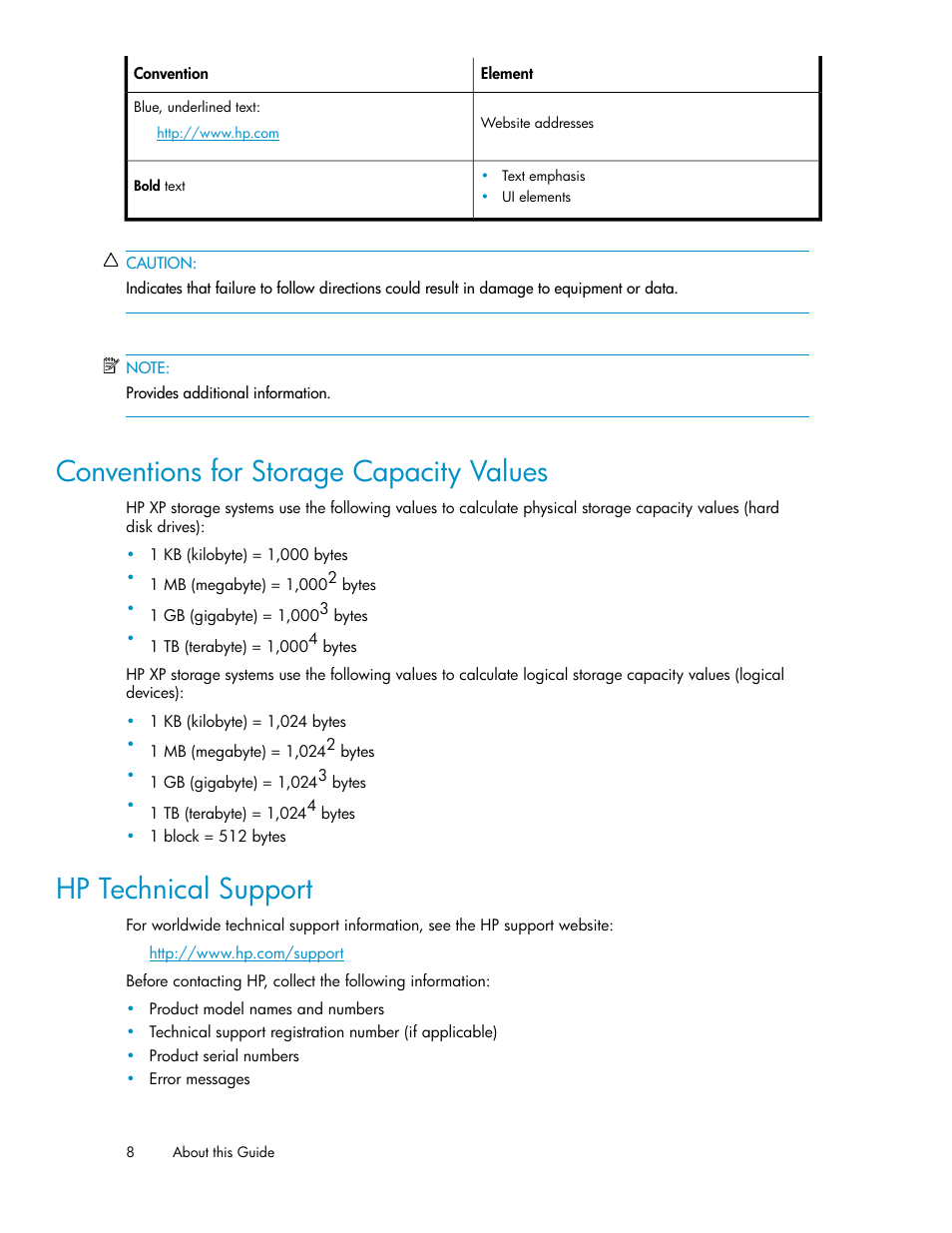 Conventions for storage capacity values, Hp technical support, 8 hp technical support | HP StorageWorks XP Remote Web Console Software User Manual | Page 8 / 48