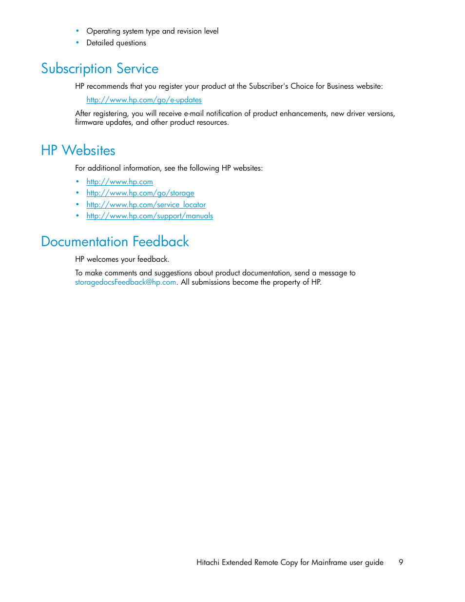 Subscription service, Hp websites, Documentation feedback | 9 hp websites, 9 documentation feedback | HP StorageWorks XP Remote Web Console Software User Manual | Page 9 / 48