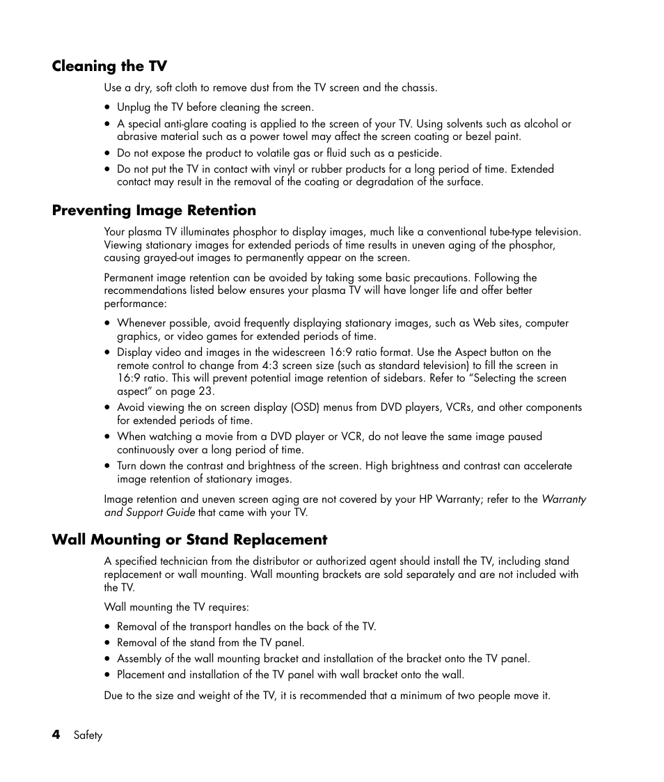 Cleaning the tv, Preventing image retention, Wall mounting or stand replacement | HP PL4245N 42 inch HD-ready Plasma Television User Manual | Page 10 / 60