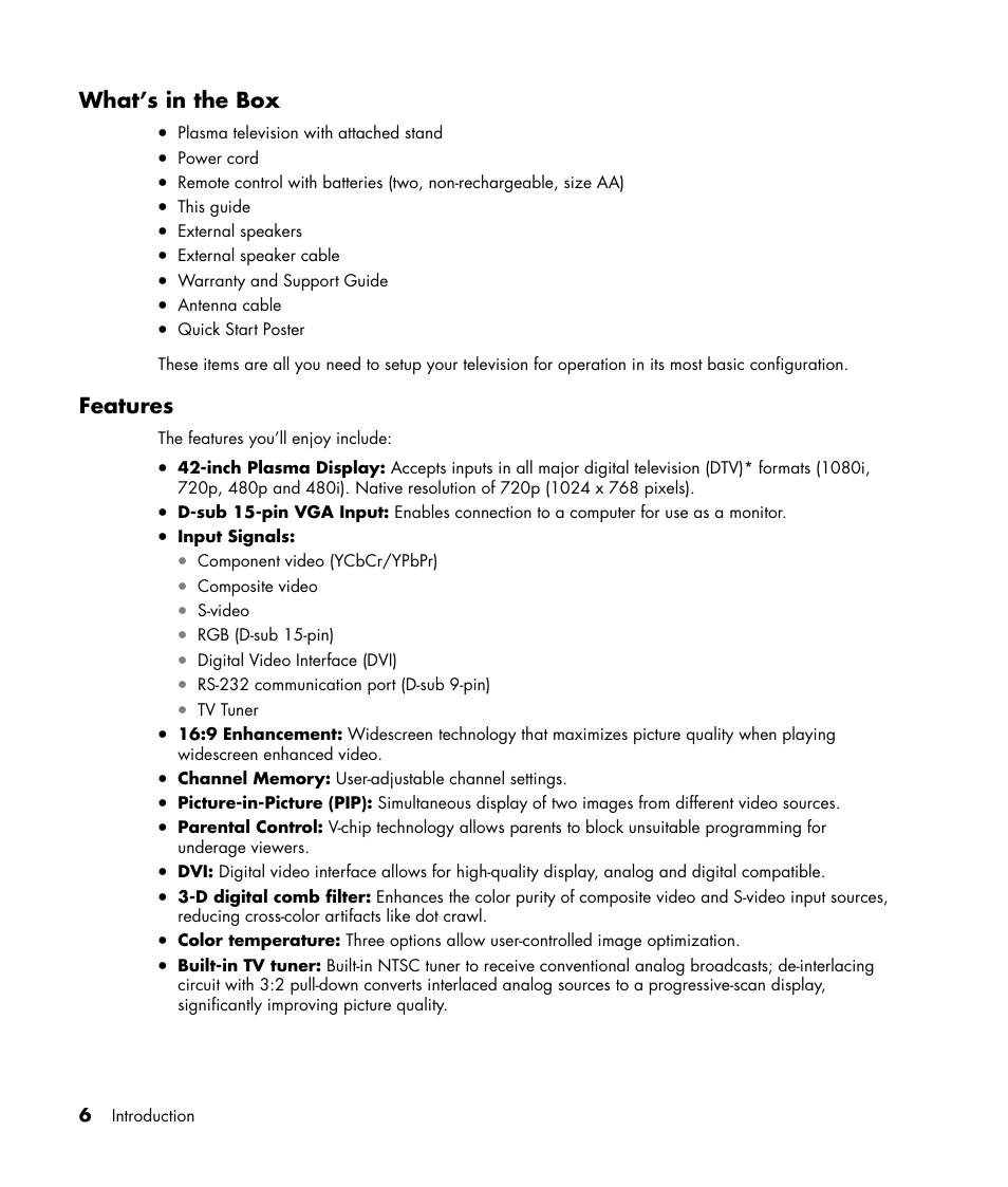 What’s in the box, Features | HP PL4245N 42 inch HD-ready Plasma Television User Manual | Page 12 / 60