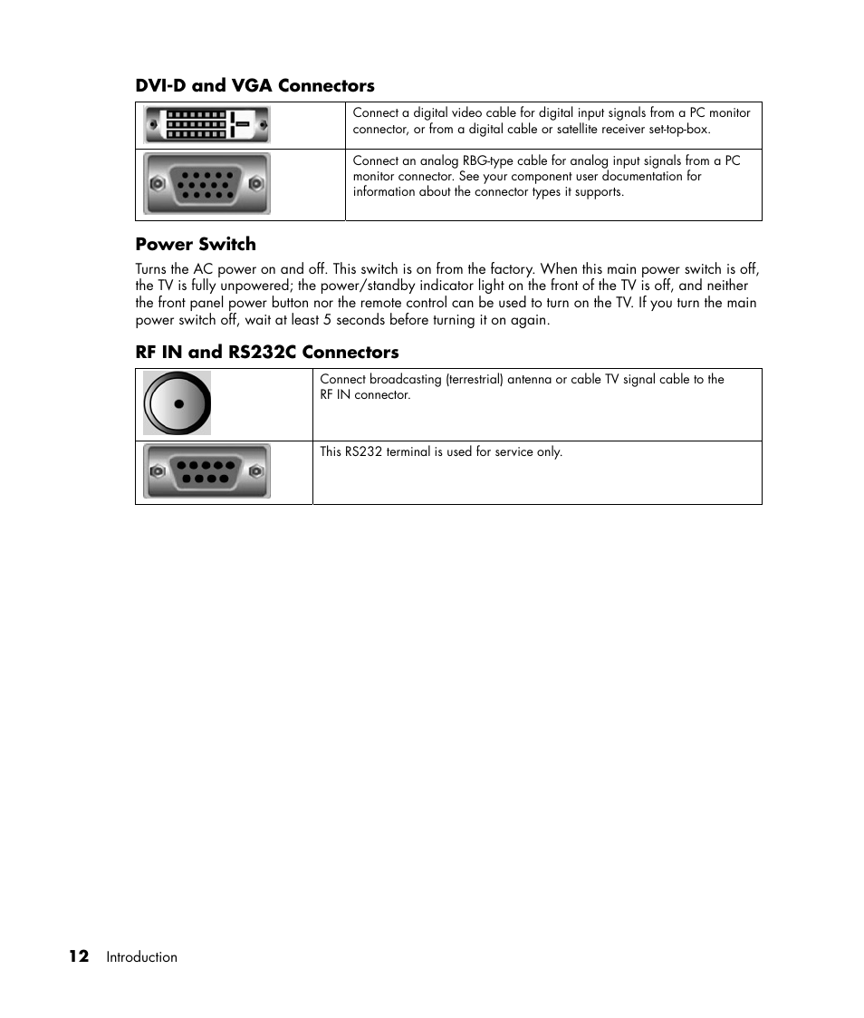 Dvi-d and vga connectors, Power switch, Rf in and rs232c connectors | HP PL4245N 42 inch HD-ready Plasma Television User Manual | Page 18 / 60