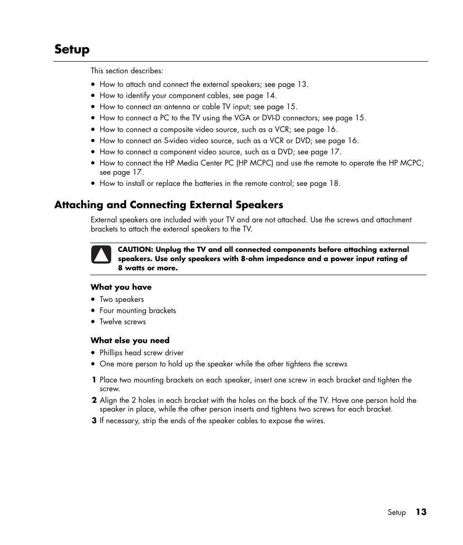 Setup, Attaching and connecting external speakers | HP PL4245N 42 inch HD-ready Plasma Television User Manual | Page 19 / 60