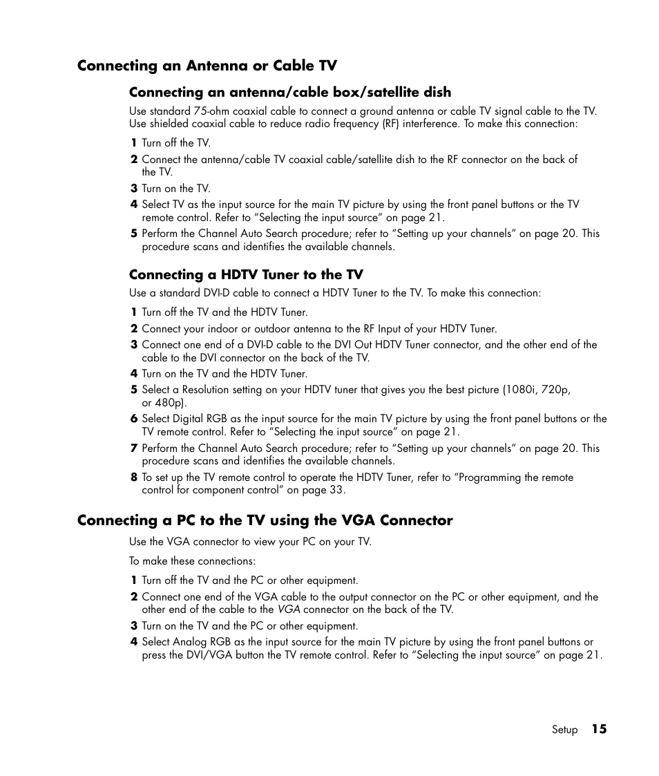 Connecting an antenna or cable tv, Connecting a pc to the tv using the vga connector | HP PL4245N 42 inch HD-ready Plasma Television User Manual | Page 21 / 60