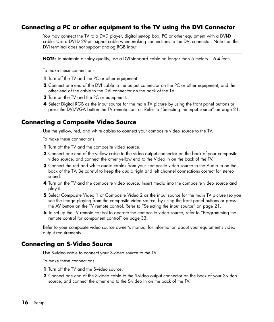 Connecting a composite video source, Connecting an s-video source | HP PL4245N 42 inch HD-ready Plasma Television User Manual | Page 22 / 60