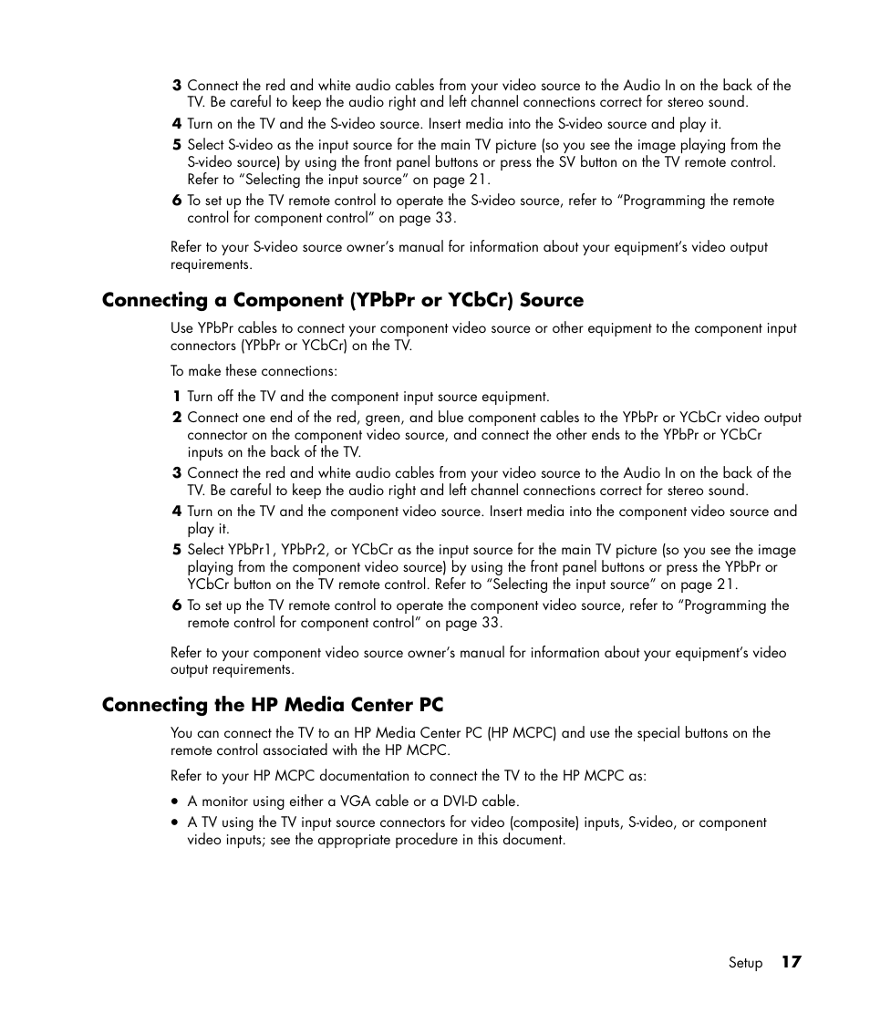 Connecting a component (ypbpr or ycbcr) source, Connecting the hp media center pc | HP PL4245N 42 inch HD-ready Plasma Television User Manual | Page 23 / 60