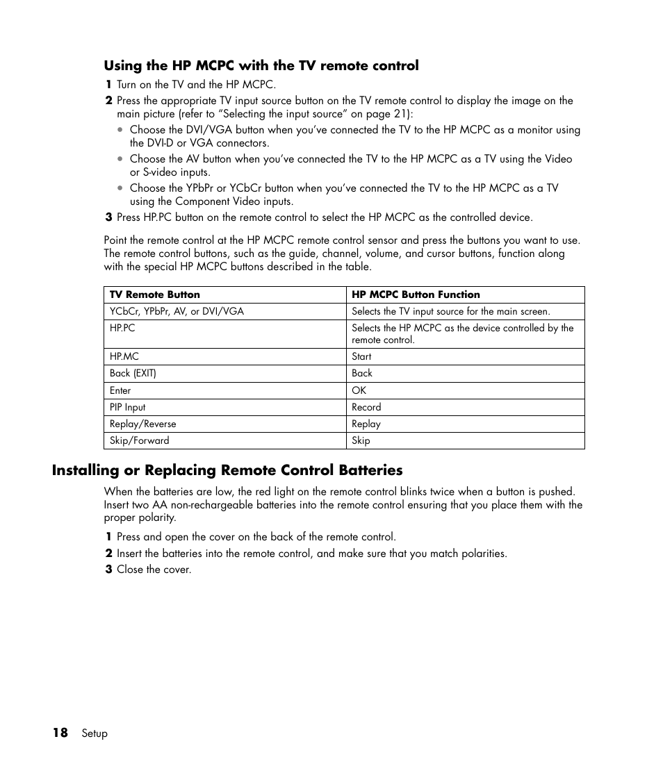 Installing or replacing remote control batteries | HP PL4245N 42 inch HD-ready Plasma Television User Manual | Page 24 / 60