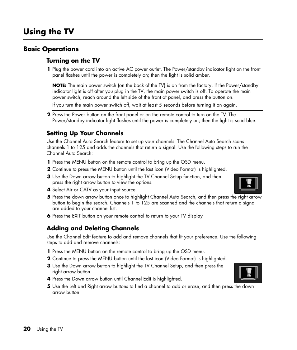 Using the tv, Basic operations | HP PL4245N 42 inch HD-ready Plasma Television User Manual | Page 26 / 60