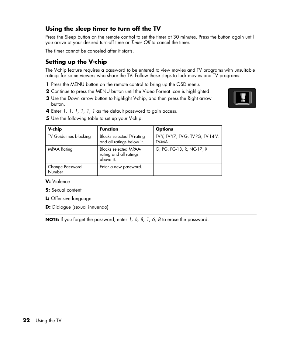 Using the sleep timer to turn off the tv, Setting up the v-chip | HP PL4245N 42 inch HD-ready Plasma Television User Manual | Page 28 / 60