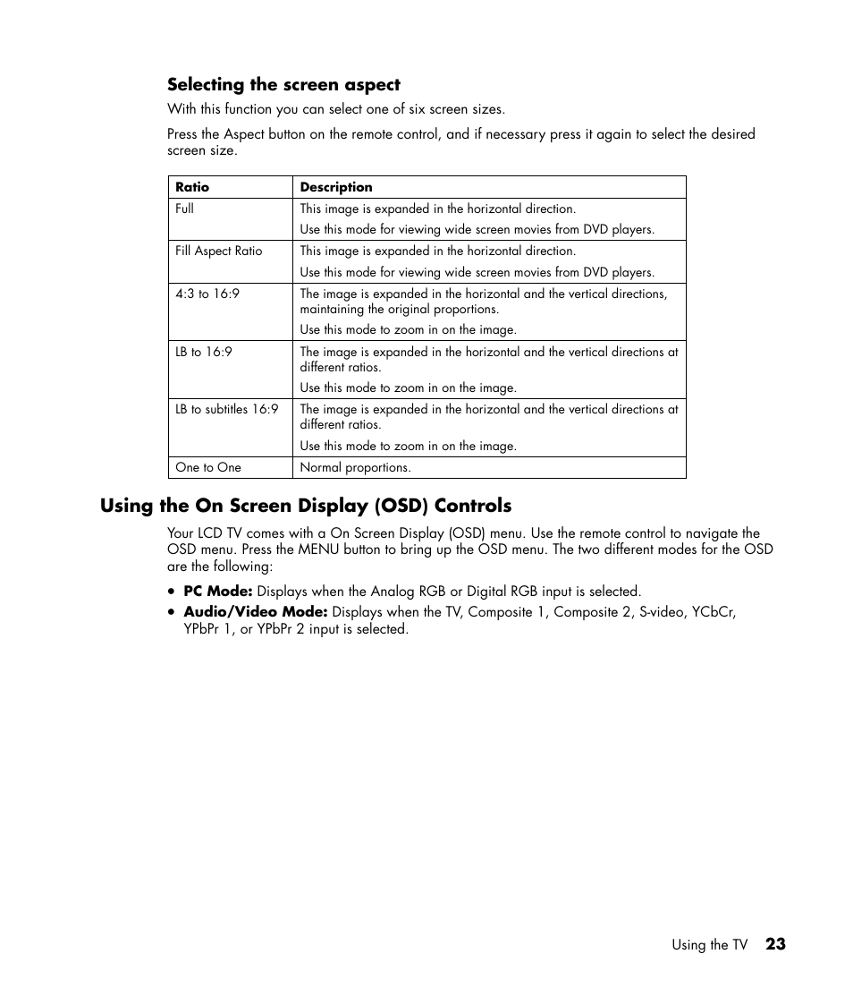 Using the on screen display (osd) controls, Selecting the screen aspect | HP PL4245N 42 inch HD-ready Plasma Television User Manual | Page 29 / 60