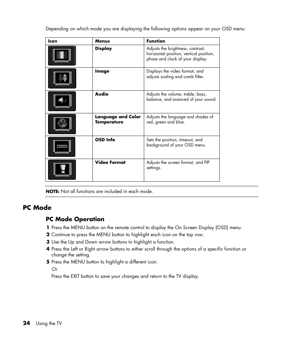 Pc mode, Pc mode operation | HP PL4245N 42 inch HD-ready Plasma Television User Manual | Page 30 / 60