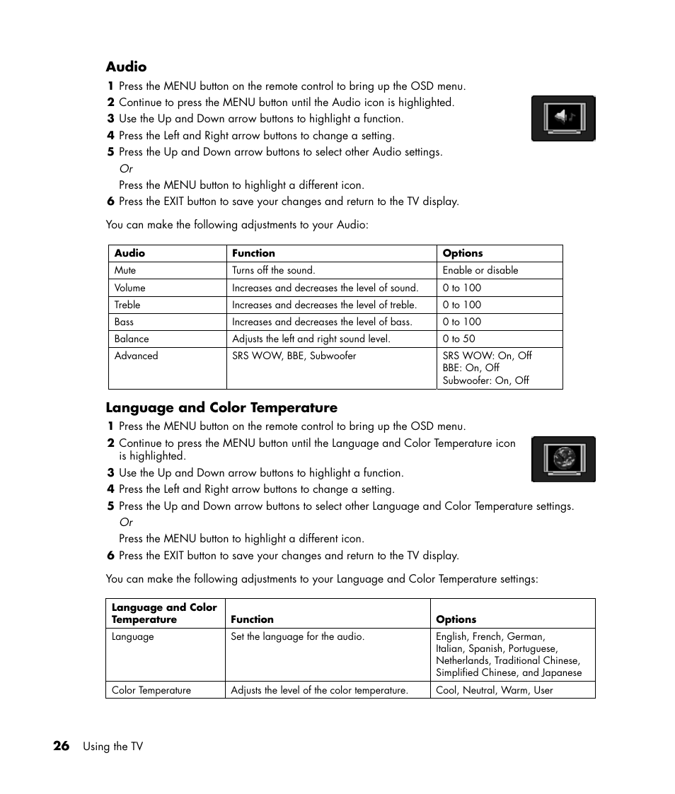 Audio, Language and color temperature | HP PL4245N 42 inch HD-ready Plasma Television User Manual | Page 32 / 60